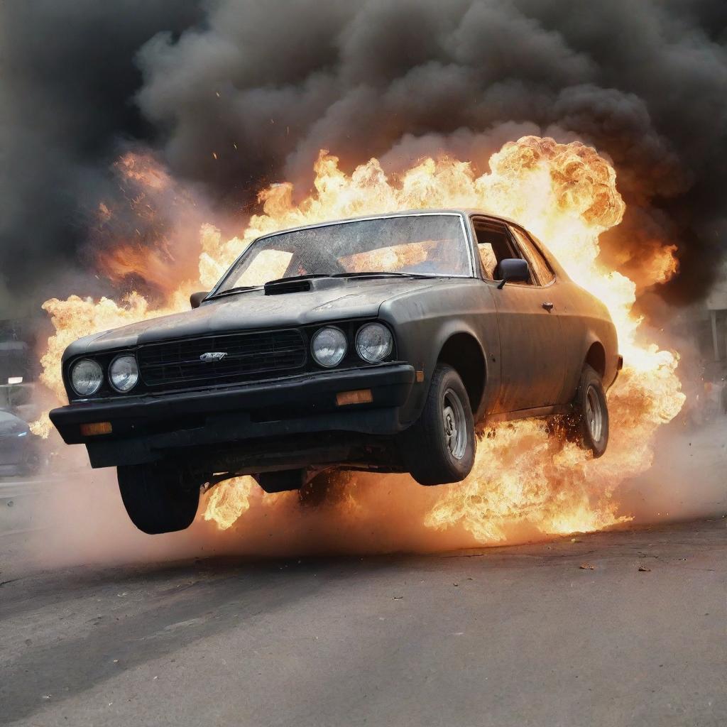 A high-octane scene illustrating an exploding car. The vehicle caught in a fiery explosion, a powerful shockwave rippling outwards, and debris pierced through the thick smoke and intense flames.