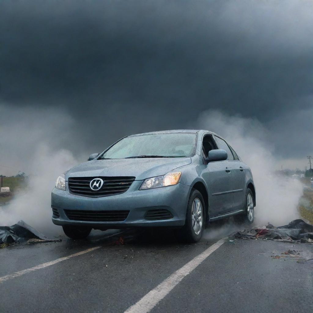 A dramatic scene featuring a woman involved in a car crash. Her vehicle entangled in an unfortunate collision under a menacing, stormy sky. The crumpled frontend, rising smoke, and scattered glass evoke a poignant sense of distress in the scene.