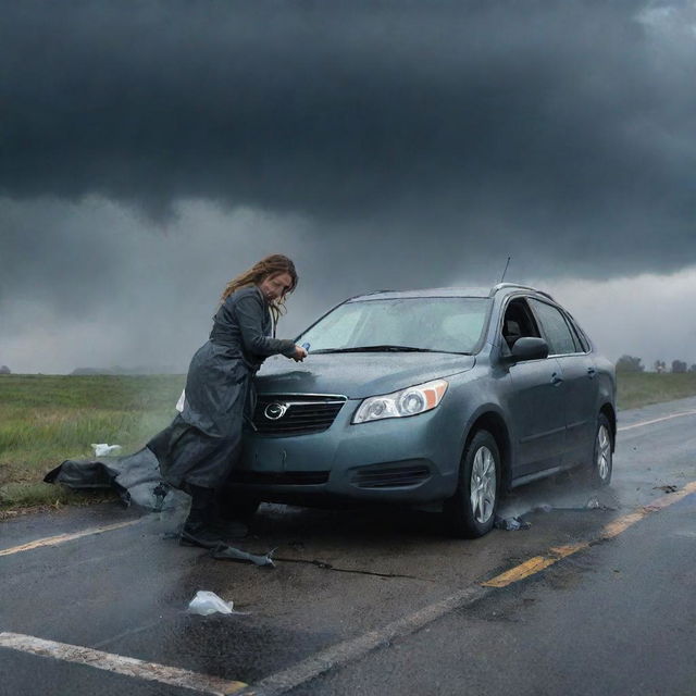 A dramatic scene featuring a woman involved in a car crash. Her vehicle entangled in an unfortunate collision under a menacing, stormy sky. The crumpled frontend, rising smoke, and scattered glass evoke a poignant sense of distress in the scene.