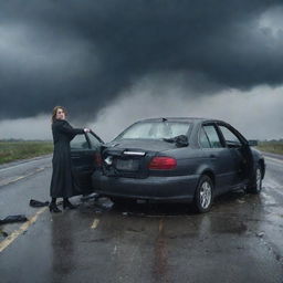 A dramatic scene featuring a woman involved in a car crash. Her vehicle entangled in an unfortunate collision under a menacing, stormy sky. The crumpled frontend, rising smoke, and scattered glass evoke a poignant sense of distress in the scene.