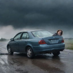 A dramatic scene featuring a woman involved in a car crash. Her vehicle entangled in an unfortunate collision under a menacing, stormy sky. The crumpled frontend, rising smoke, and scattered glass evoke a poignant sense of distress in the scene.