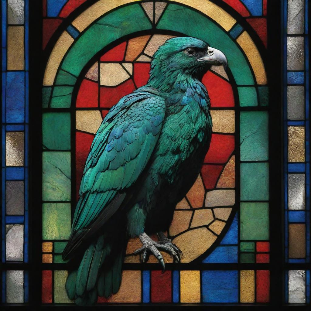 A majestic, emerald-green condor, its textured plumage catching the light, set within a stained-glass window. The vitreaux background is composed of brightly-colored fragments in primary colors, each piece catching and refracting the light in entrancing ways