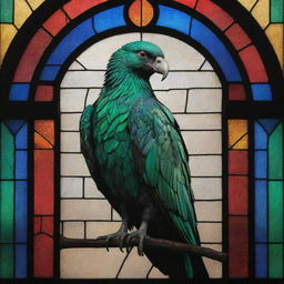 A majestic, emerald-green condor, its textured plumage catching the light, set within a stained-glass window. The vitreaux background is composed of brightly-colored fragments in primary colors, each piece catching and refracting the light in entrancing ways