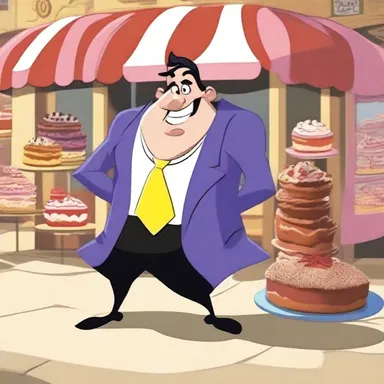 The villain in the cartoon had the effrontery to steal all the cakes from the bakery and laughed as the townspeople chased after him.