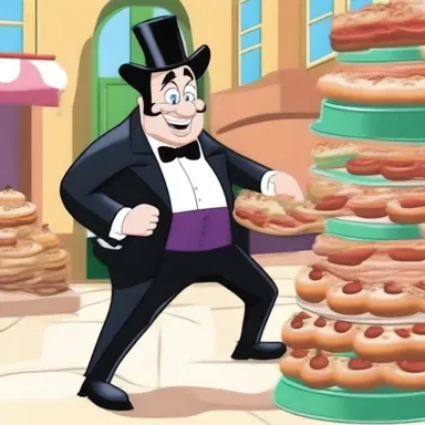 The villain in the cartoon had the effrontery to steal all the cakes from the bakery and laughed as the townspeople chased after him.