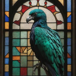 A majestic, emerald-green condor, its textured plumage catching the light, set within a stained-glass window. The vitreaux background is composed of brightly-colored fragments in primary colors, each piece catching and refracting the light in entrancing ways