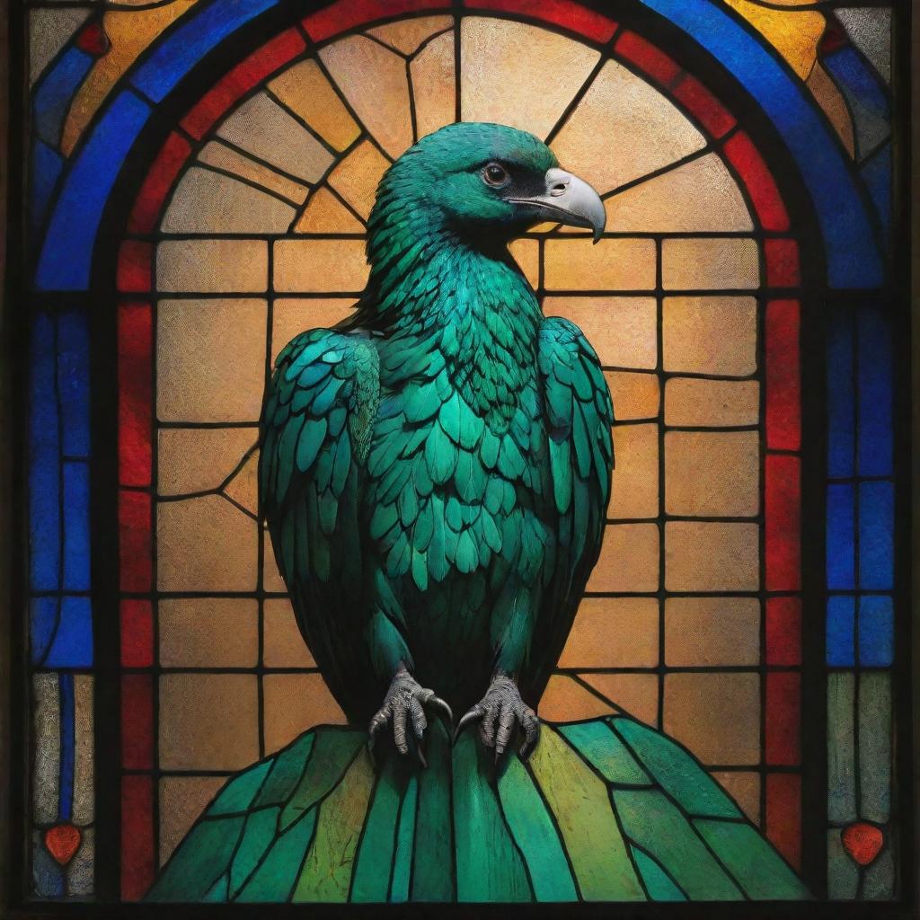 A majestic, emerald-green condor, its textured plumage catching the light, set within a stained-glass window. The vitreaux background is composed of brightly-colored fragments in primary colors, each piece catching and refracting the light in entrancing ways