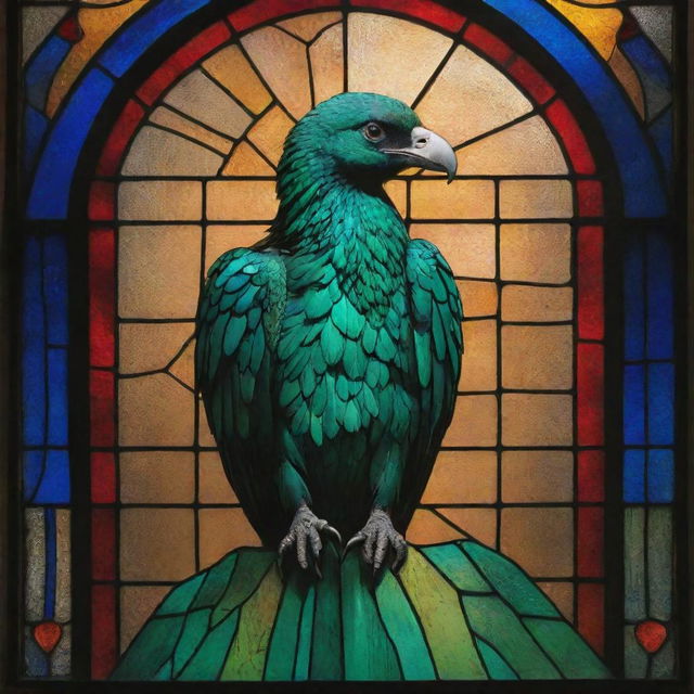 A majestic, emerald-green condor, its textured plumage catching the light, set within a stained-glass window. The vitreaux background is composed of brightly-colored fragments in primary colors, each piece catching and refracting the light in entrancing ways