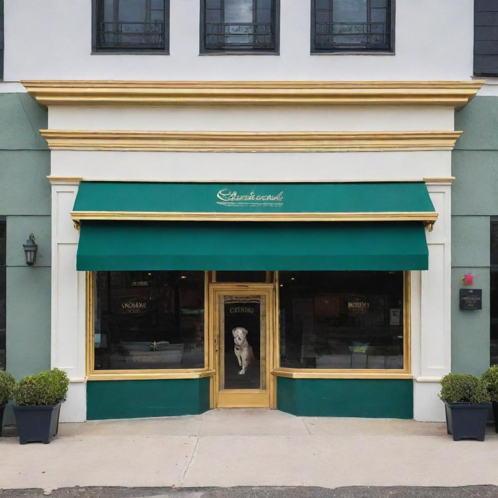 Design a classical store front for 'Colonial Canine Puppies, Grooming and Pet Resort' located at 1850 Berryhill Road. Incorporate jewel tones like gold, red, navy, and emerald green, with a gold gilded frame aesthetic.