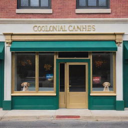 Design a classical store front for 'Colonial Canine Puppies, Grooming and Pet Resort' located at 1850 Berryhill Road. Incorporate jewel tones like gold, red, navy, and emerald green, with a gold gilded frame aesthetic.