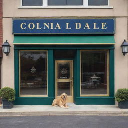 Design a classical store front for 'Colonial Canine Puppies, Grooming and Pet Resort' located at 1850 Berryhill Road. Incorporate jewel tones like gold, red, navy, and emerald green, with a gold gilded frame aesthetic.