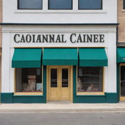 Design a classical store front for 'Colonial Canine Puppies, Grooming and Pet Resort' located at 1850 Berryhill Road. Incorporate jewel tones like gold, red, navy, and emerald green, with a gold gilded frame aesthetic.