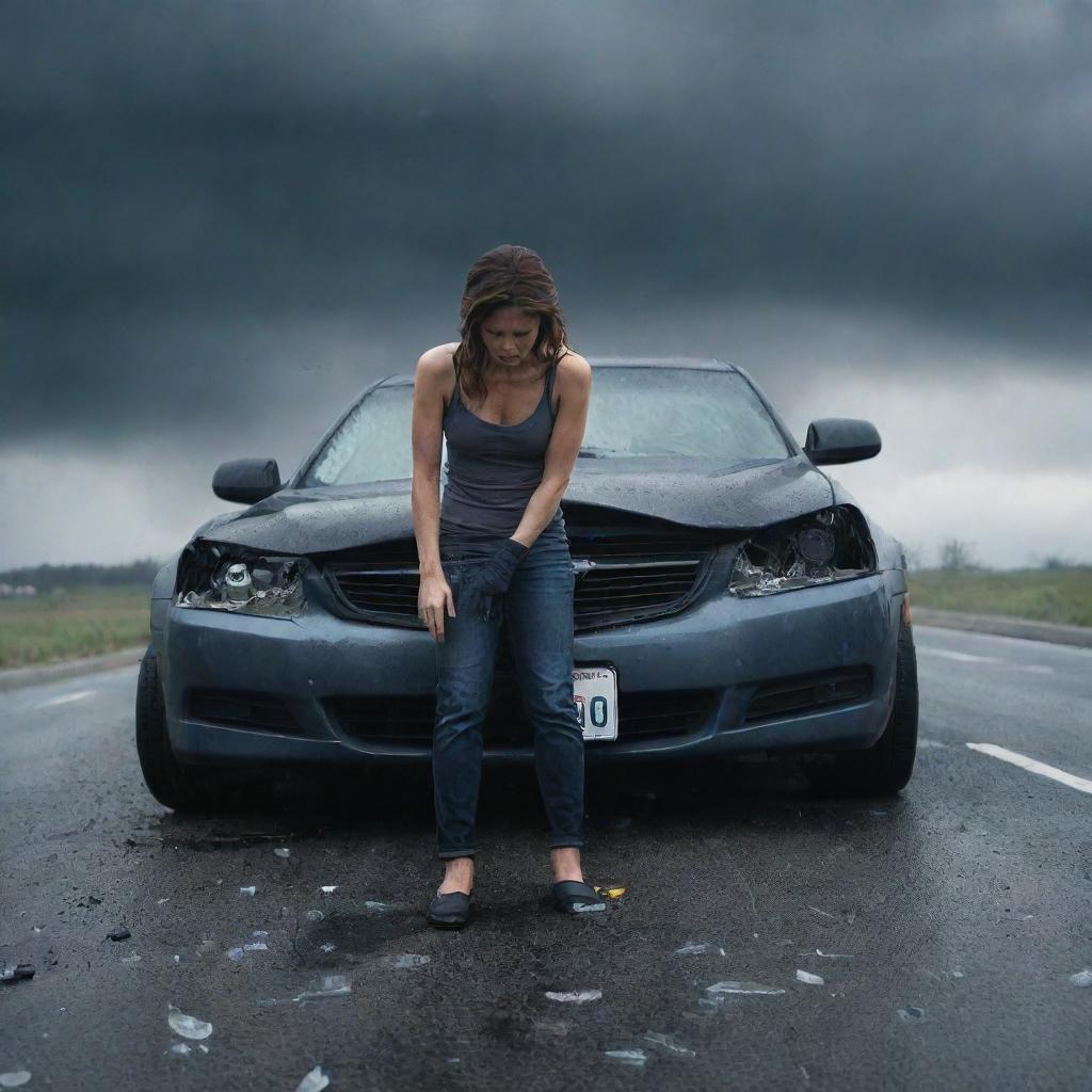 A tense scene portraying a woman involved in a car accident, her vehicle twisted and wrecked. Under a brooding sky, the scene encapsulates the harrowing imminence of the accident, with shards of shattered glass on the road and smoke stemming from the vehicle.