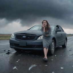 A tense scene portraying a woman involved in a car accident, her vehicle twisted and wrecked. Under a brooding sky, the scene encapsulates the harrowing imminence of the accident, with shards of shattered glass on the road and smoke stemming from the vehicle.