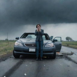 A tense scene portraying a woman involved in a car accident, her vehicle twisted and wrecked. Under a brooding sky, the scene encapsulates the harrowing imminence of the accident, with shards of shattered glass on the road and smoke stemming from the vehicle.