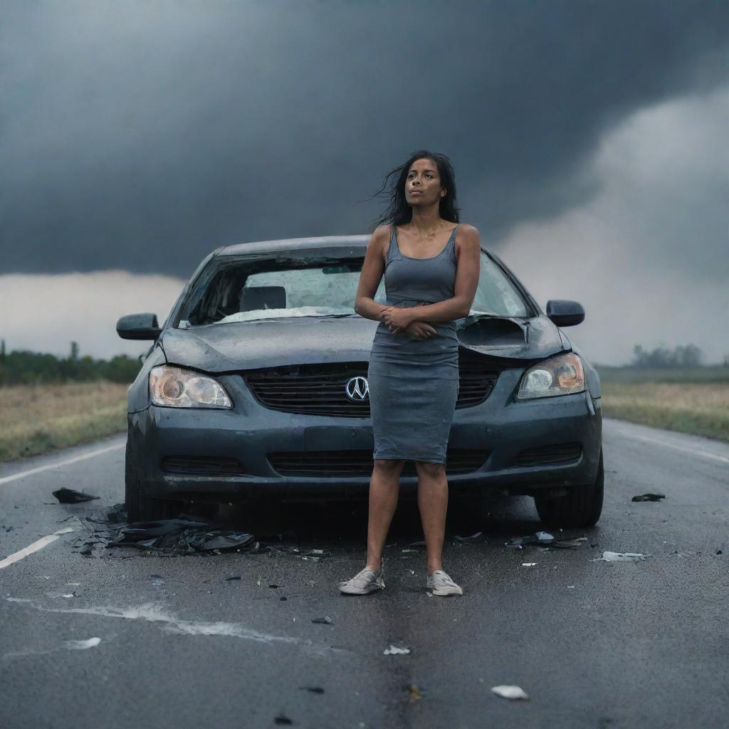 A tense scene portraying a woman involved in a car accident, her vehicle twisted and wrecked. Under a brooding sky, the scene encapsulates the harrowing imminence of the accident, with shards of shattered glass on the road and smoke stemming from the vehicle.