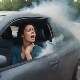 A heart-stopping scenario of a woman, seated inside her car that has been involved in a distressing accident. The vehicle's frontend is distorted, smoke billowing out, and shattered glass glittering on the asphalt, outlining a dramatic, chaotic scene.