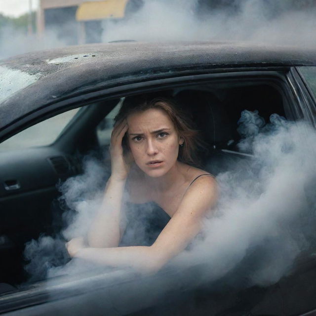 A heart-stopping scenario of a woman, seated inside her car that has been involved in a distressing accident. The vehicle's frontend is distorted, smoke billowing out, and shattered glass glittering on the asphalt, outlining a dramatic, chaotic scene.