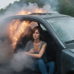 A heart-stopping scenario of a woman, seated inside her car that has been involved in a distressing accident. The vehicle's frontend is distorted, smoke billowing out, and shattered glass glittering on the asphalt, outlining a dramatic, chaotic scene.