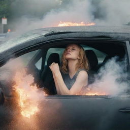 A heart-stopping scenario of a woman, seated inside her car that has been involved in a distressing accident. The vehicle's frontend is distorted, smoke billowing out, and shattered glass glittering on the asphalt, outlining a dramatic, chaotic scene.