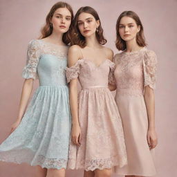 An image showcasing Romantic style fashion with beautifully crafted dresses in soft pastels, delicate lace, and faint floral patterns.