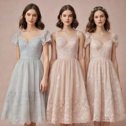 An image showcasing Romantic style fashion with beautifully crafted dresses in soft pastels, delicate lace, and faint floral patterns.