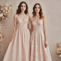 An image showcasing Romantic style fashion with beautifully crafted dresses in soft pastels, delicate lace, and faint floral patterns.