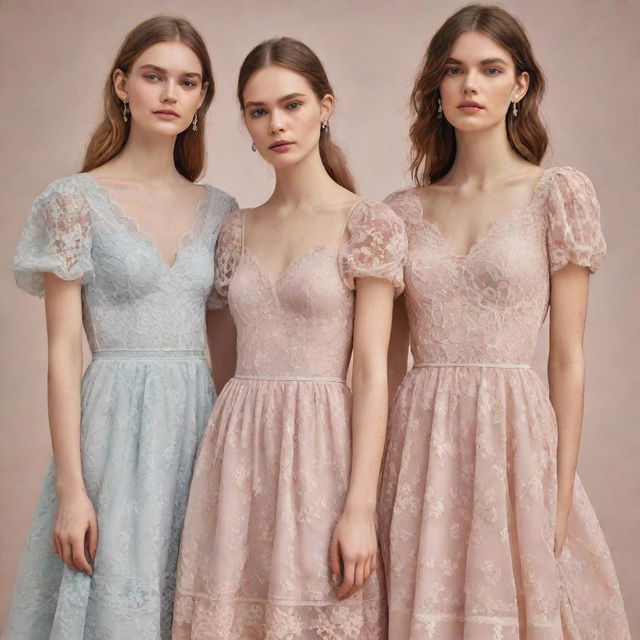 An image showcasing Romantic style fashion with beautifully crafted dresses in soft pastels, delicate lace, and faint floral patterns.