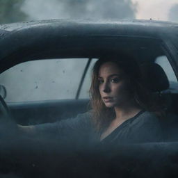 A mesmerizing scene capturing an anonymous woman involved in a car accident. The woman's identity obscured, hidden in the shadows of her wrecked vehicle. The chaos of the situation encapsulated in the smoke, shattered glass, and distorted steel.