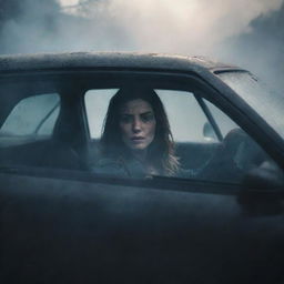 A mesmerizing scene capturing an anonymous woman involved in a car accident. The woman's identity obscured, hidden in the shadows of her wrecked vehicle. The chaos of the situation encapsulated in the smoke, shattered glass, and distorted steel.