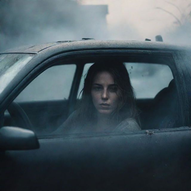 A mesmerizing scene capturing an anonymous woman involved in a car accident. The woman's identity obscured, hidden in the shadows of her wrecked vehicle. The chaos of the situation encapsulated in the smoke, shattered glass, and distorted steel.