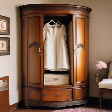 The bride's trousseau was elegantly displayed in a beautifully crafted wooden armoire in the corner of the bedroom.