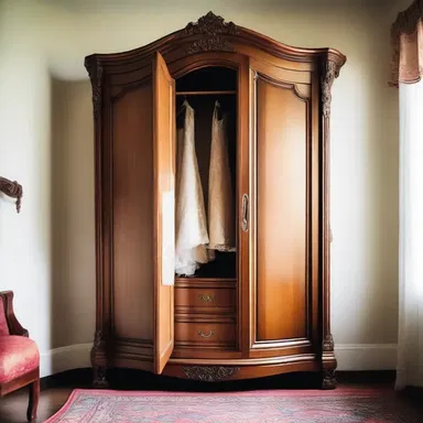 The bride's trousseau was elegantly displayed in a beautifully crafted wooden armoire in the corner of the bedroom.