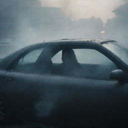 A mesmerizing scene capturing an anonymous woman involved in a car accident. The woman's identity obscured, hidden in the shadows of her wrecked vehicle. The chaos of the situation encapsulated in the smoke, shattered glass, and distorted steel.