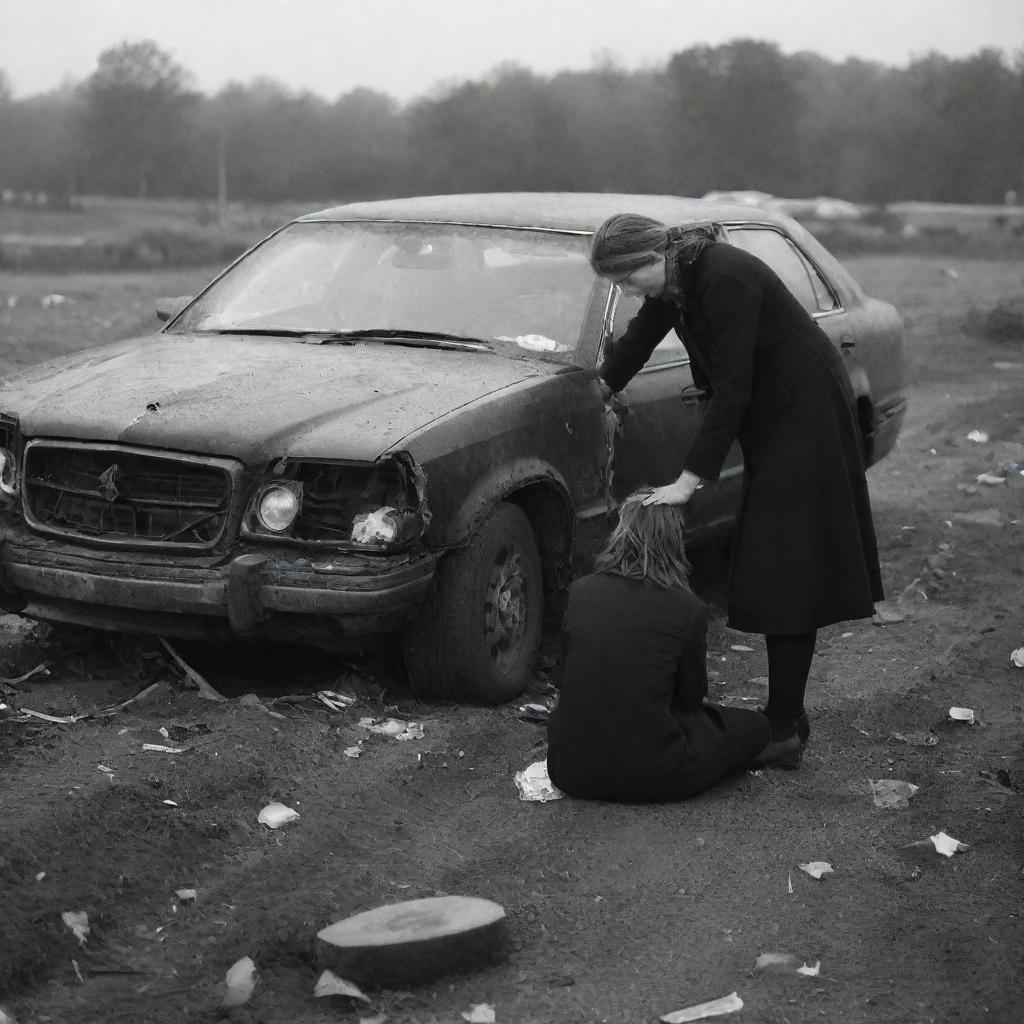 A heartbreaking scene showing an unknown woman in a grave condition following a car accident. Her silhouette is ominously still within the mangled wreckage of her car, the severity of the situation painfully intense in the silent chaos around.