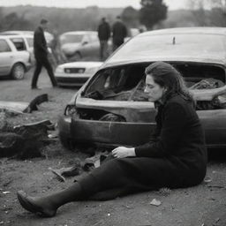 A heartbreaking scene showing an unknown woman in a grave condition following a car accident. Her silhouette is ominously still within the mangled wreckage of her car, the severity of the situation painfully intense in the silent chaos around.