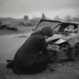 A heartbreaking scene showing an unknown woman in a grave condition following a car accident. Her silhouette is ominously still within the mangled wreckage of her car, the severity of the situation painfully intense in the silent chaos around.