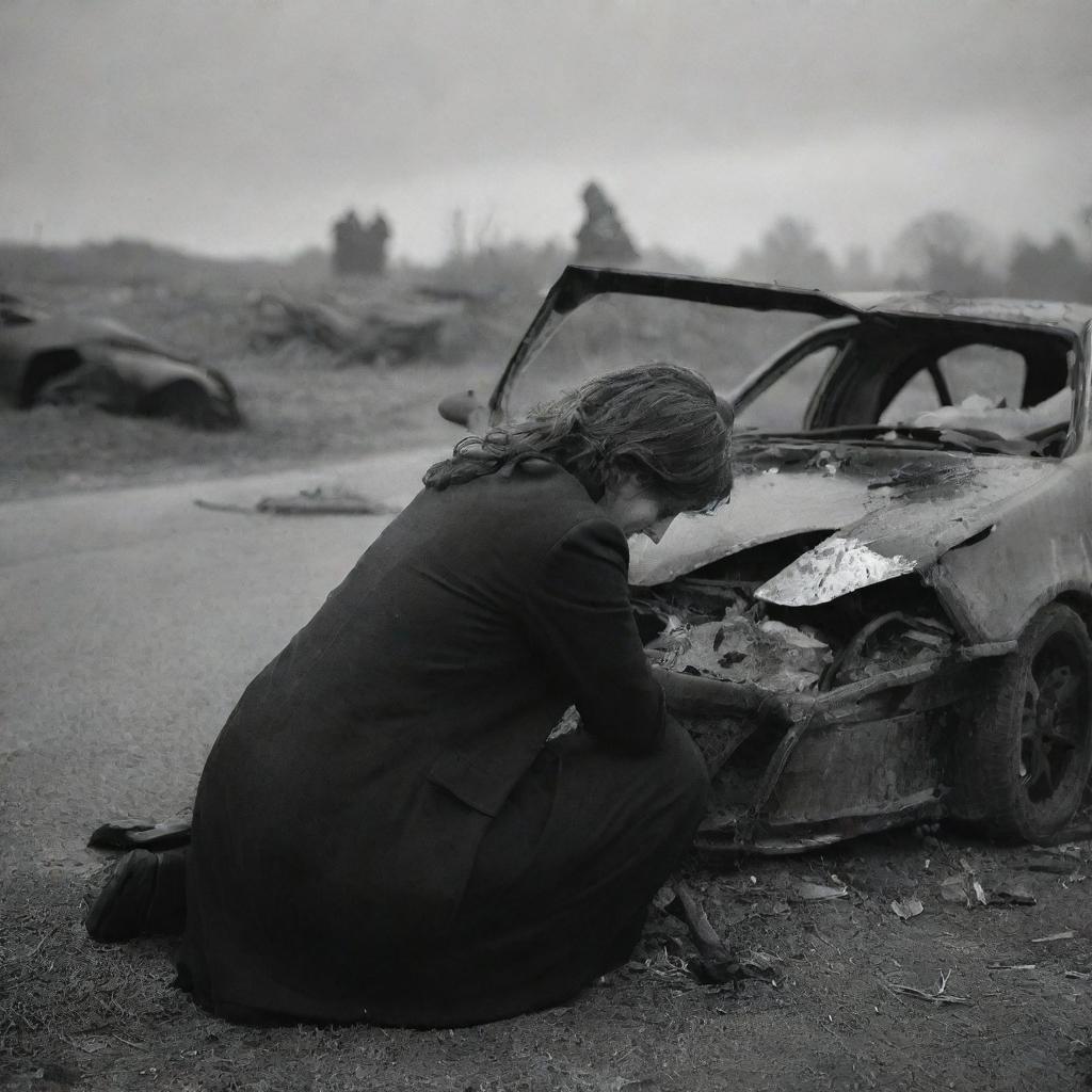 A heartbreaking scene showing an unknown woman in a grave condition following a car accident. Her silhouette is ominously still within the mangled wreckage of her car, the severity of the situation painfully intense in the silent chaos around.
