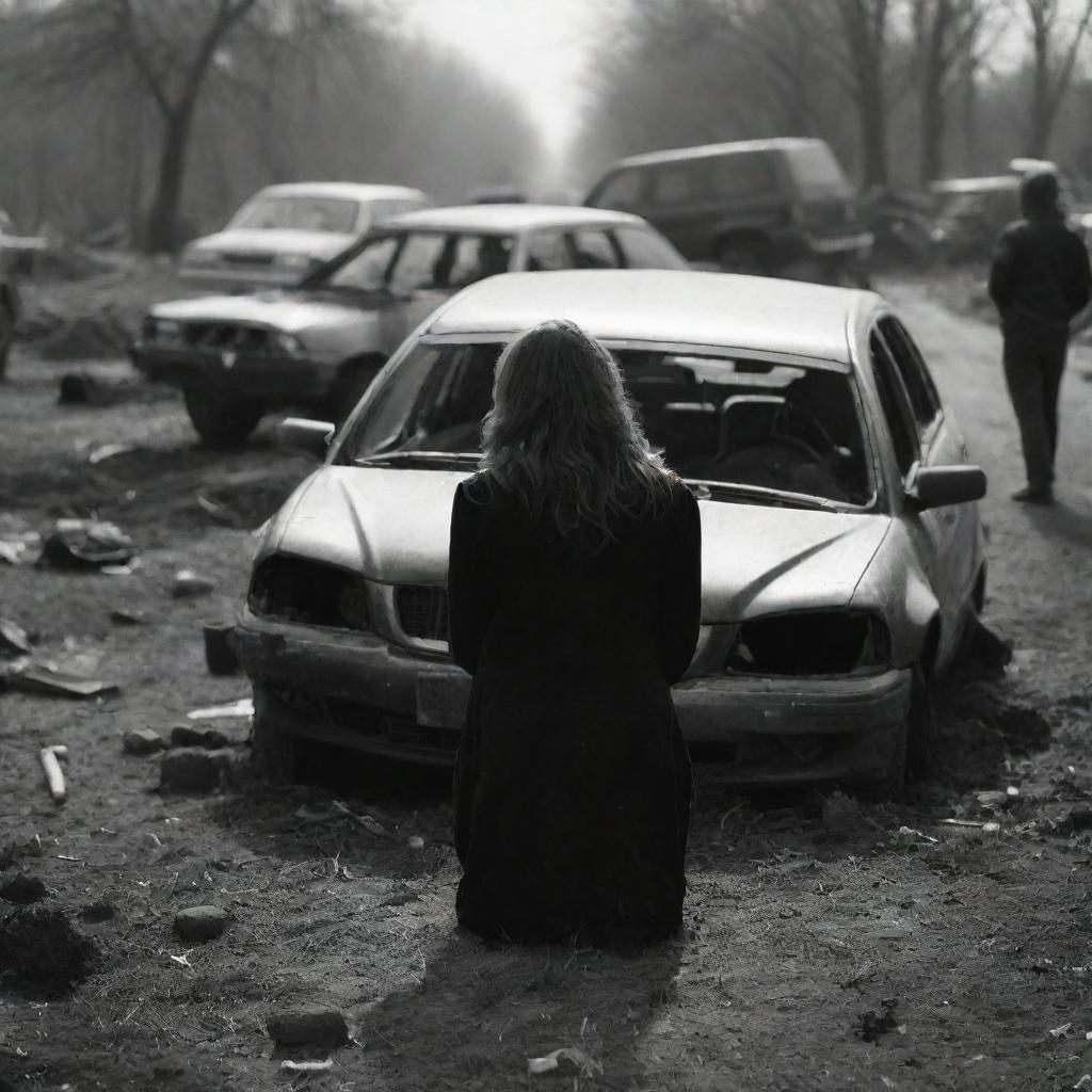 A heartbreaking scene showing an unknown woman in a grave condition following a car accident. Her silhouette is ominously still within the mangled wreckage of her car, the severity of the situation painfully intense in the silent chaos around.