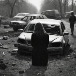 A heartbreaking scene showing an unknown woman in a grave condition following a car accident. Her silhouette is ominously still within the mangled wreckage of her car, the severity of the situation painfully intense in the silent chaos around.