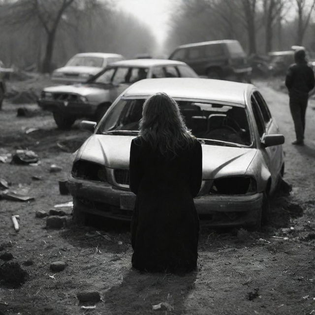 A heartbreaking scene showing an unknown woman in a grave condition following a car accident. Her silhouette is ominously still within the mangled wreckage of her car, the severity of the situation painfully intense in the silent chaos around.