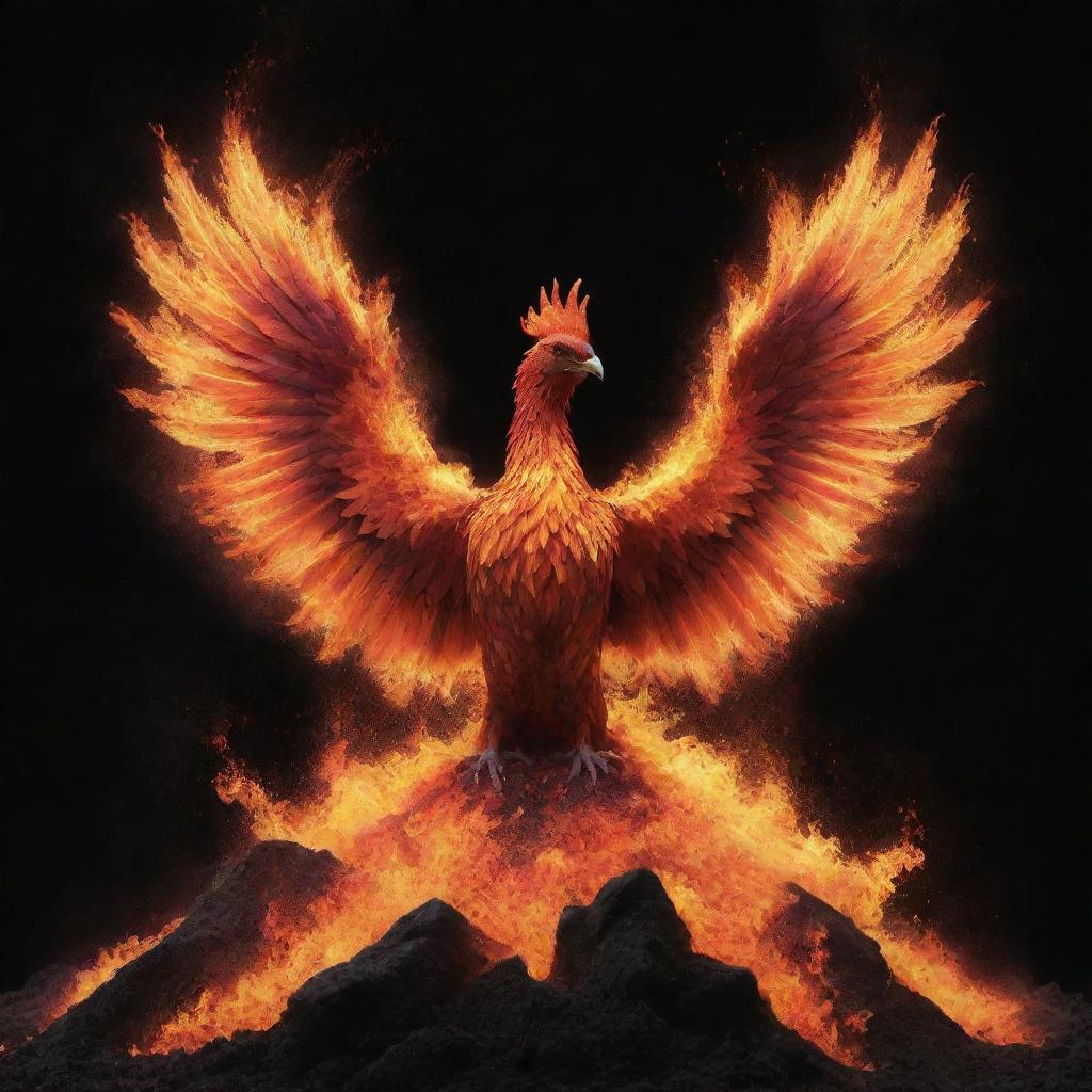 A vibrant phoenix rising from a pile of mystical glowing ashes.