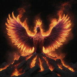 A vibrant phoenix rising from a pile of mystical glowing ashes.