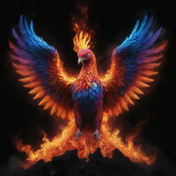 A vibrant phoenix rising from a pile of mystical glowing ashes.