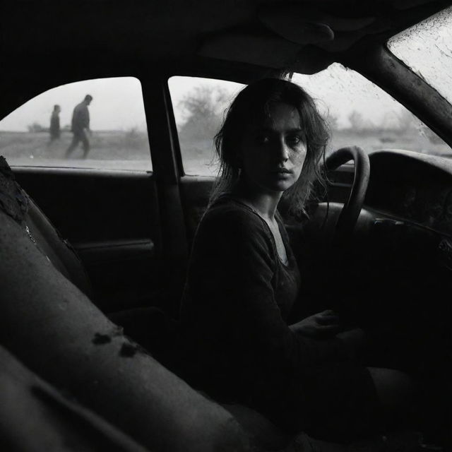 A tragic scene of a woman in critical condition inside her wrecked car, after a dreadful accident. The gloomy light penetrates the shattered windows, casting an ominous shadow across the unmoving silhouette of the woman, encapsulating the harsh reality of her fatal situation.