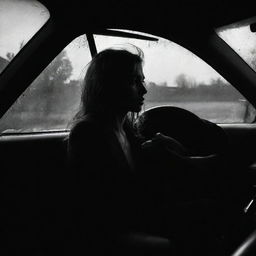 A tragic scene of a woman in critical condition inside her wrecked car, after a dreadful accident. The gloomy light penetrates the shattered windows, casting an ominous shadow across the unmoving silhouette of the woman, encapsulating the harsh reality of her fatal situation.