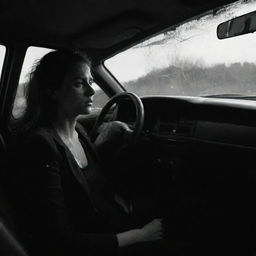 A tragic scene of a woman in critical condition inside her wrecked car, after a dreadful accident. The gloomy light penetrates the shattered windows, casting an ominous shadow across the unmoving silhouette of the woman, encapsulating the harsh reality of her fatal situation.