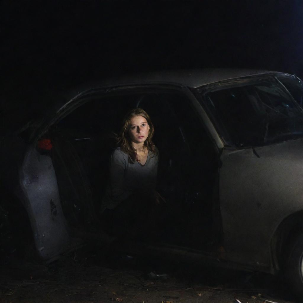 A somber image showing a woman tragically caught in a fatal car crash. The severity of her condition is suggested by her unmoving silhouette seated inside the twisted wreckage, illuminated by the faint, fading lights of the car, contrasting the grim post-accident scene.