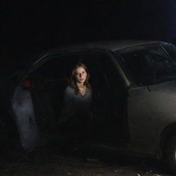 A somber image showing a woman tragically caught in a fatal car crash. The severity of her condition is suggested by her unmoving silhouette seated inside the twisted wreckage, illuminated by the faint, fading lights of the car, contrasting the grim post-accident scene.