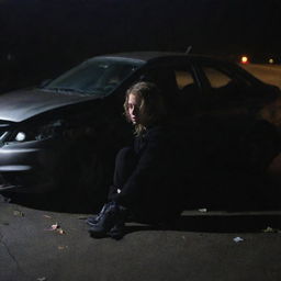 A somber image showing a woman tragically caught in a fatal car crash. The severity of her condition is suggested by her unmoving silhouette seated inside the twisted wreckage, illuminated by the faint, fading lights of the car, contrasting the grim post-accident scene.